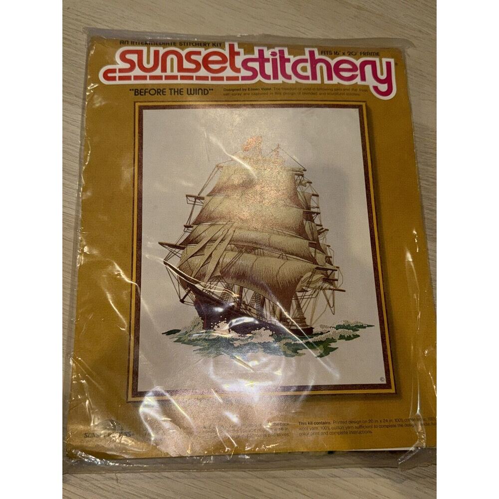 Vtg Sunset Stitchery Kit Before the Wind 1977 Sailing Embroidery SEALED Complete